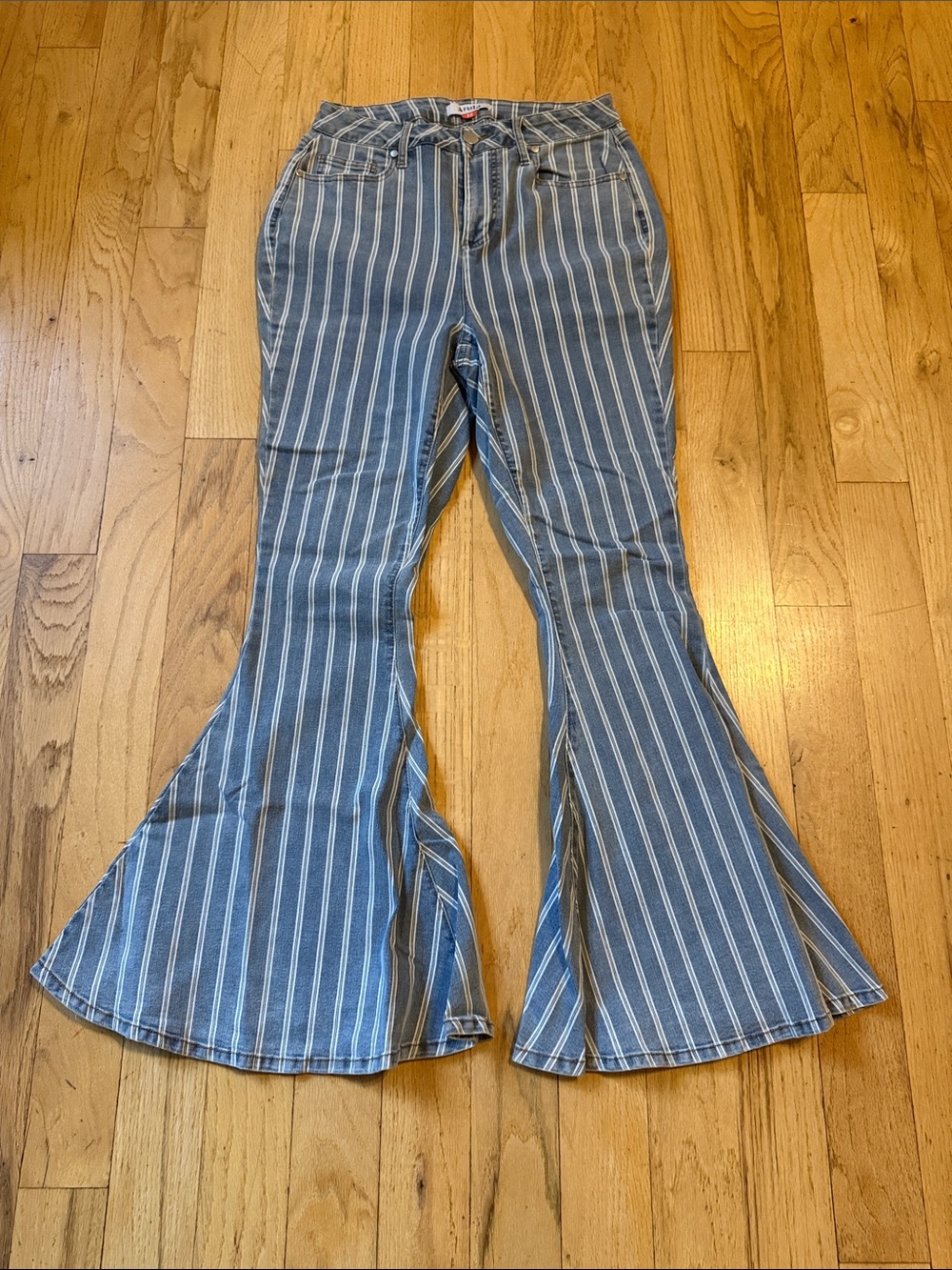 ARULA Blue & White Vertical-Strip Flare Jeans
